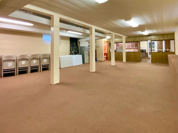 Large empty basement room with brown carpet and support columns.