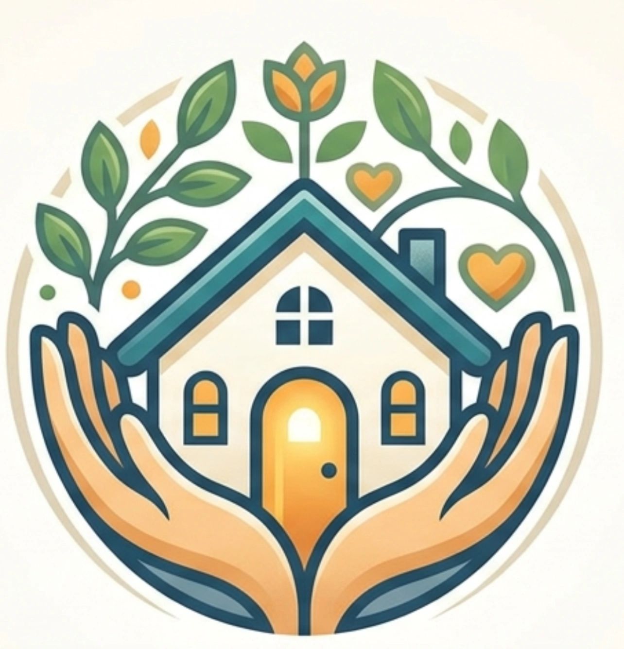 Hands gently holding a cozy house with plants and hearts.