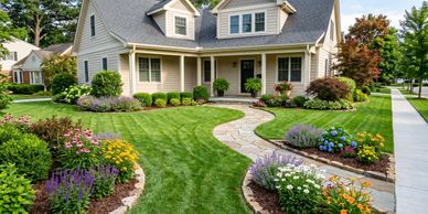 Beautiful suburban house with manicured lawn and colorful flower gardens.