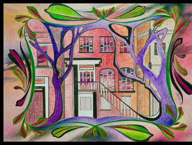 Colored pencil drawing of houses framed by abstract branches and leaves.