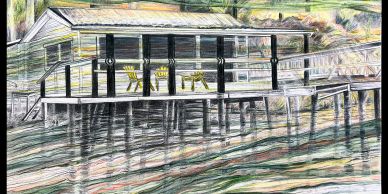 Waterfront house with outdoor seating on stilts.