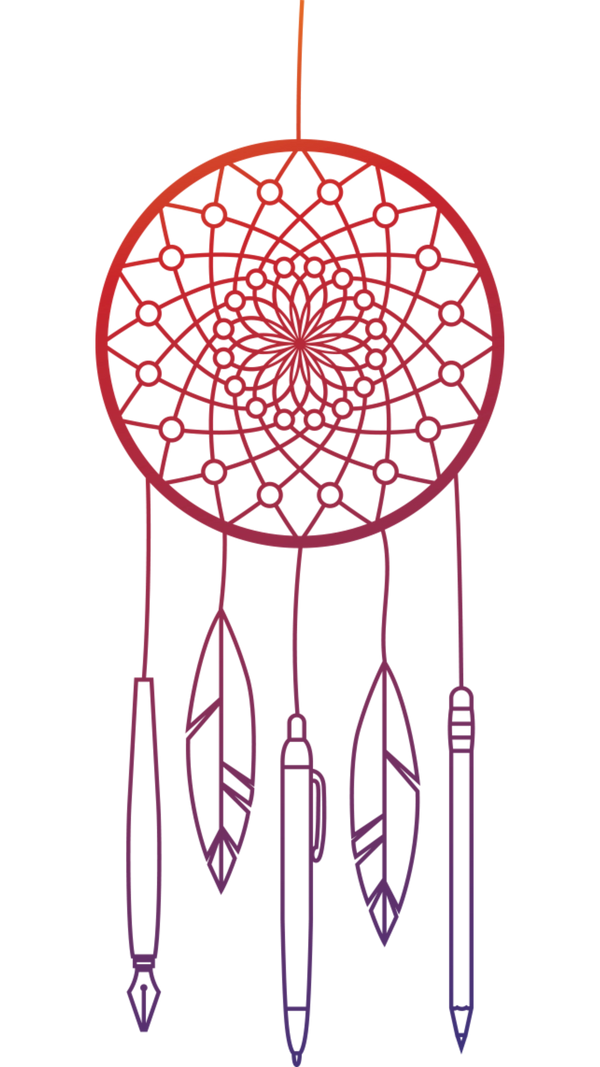 Fae Blood Publications Dreamcatcher - red & purple ombre with feathers and pends hanging from the we