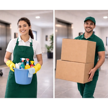 Two smiling workers holding cleaning supplies and cardboard boxes indoors.
