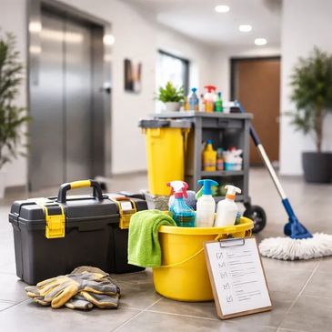 Cleaning supplies and tools arranged in a hallway near an elevator.