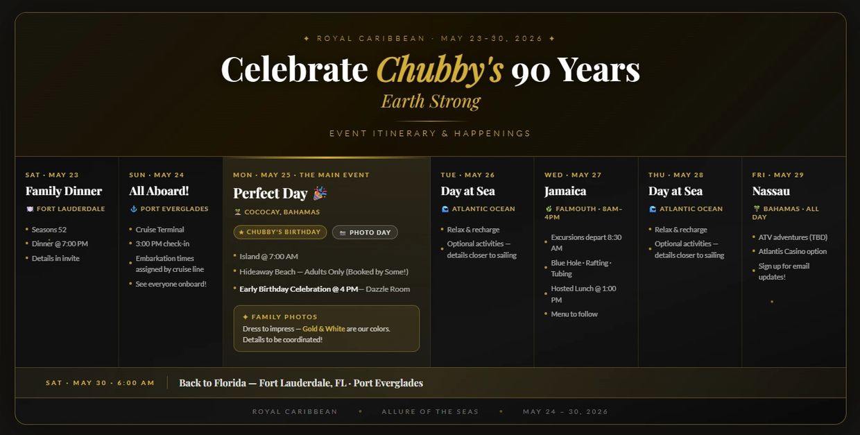 Event itinerary for Chubby's 90th birthday cruise from May 23-30, 2026, with activities and destinations.