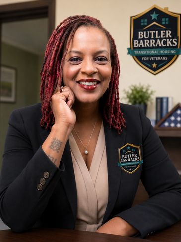 Smiling woman with red dreadlocks at Butler Barracks for veterans.