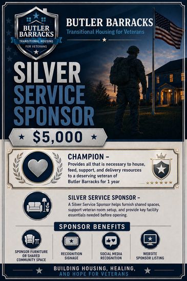 Butler Barracks Silver Service Sponsor poster for veterans' transitional housing support.