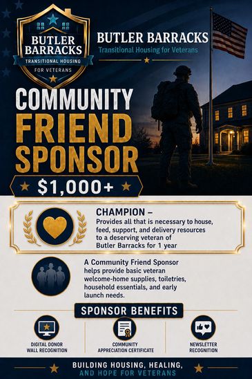 Butler Barracks offers community sponsorship for veteran housing support.