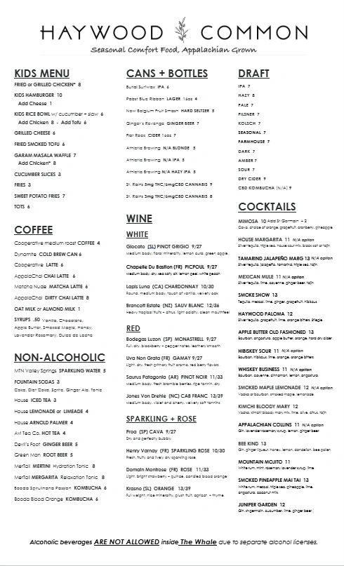 Haywood Common menu featuring kids meals, drinks, wines, and cocktails.