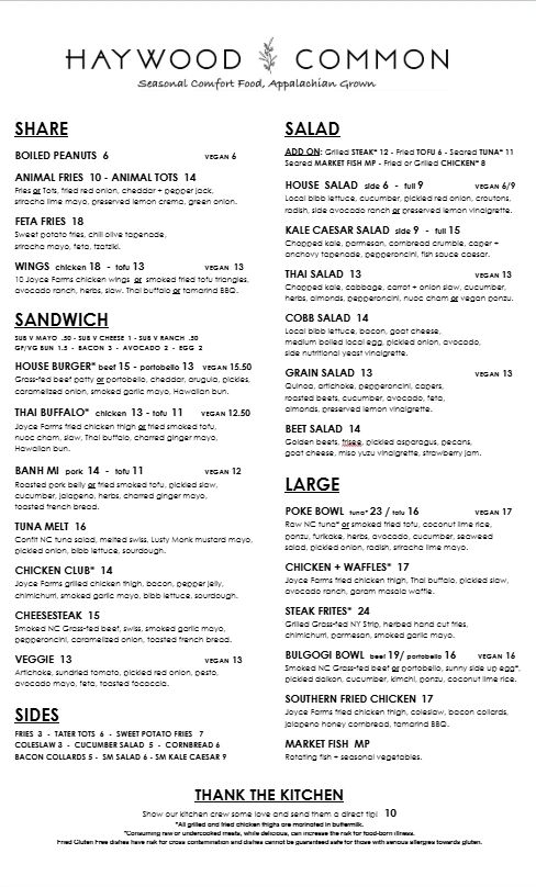 Haywood Common menu featuring seasonal Appalachian comfort food with sandwiches, salads, sides, and large plates.