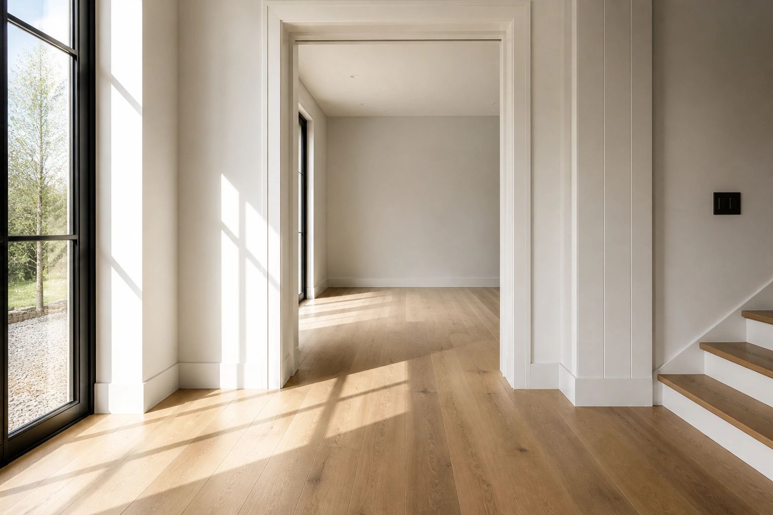 Bright empty room with wooden floors and large windows letting in natural light.
