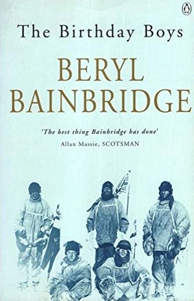 Front cover of Bainbridge's The Birthday Boys, depicting the members of Scott's Antarctic expedition