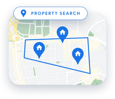 Map showing property search area with three house markers.