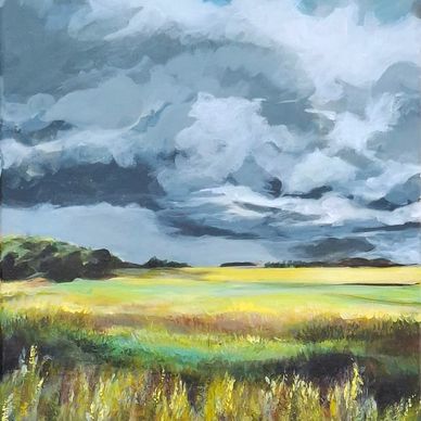 A vibrant landscape painting showing a field under a dramatic cloudy sky.