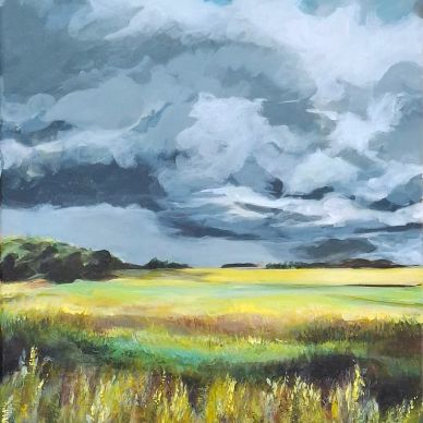 A vibrant landscape painting showing a field under a dramatic cloudy sky.
