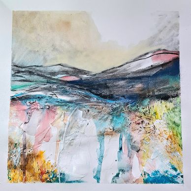 Abstract landscape painting with textured hills and vibrant colors.
