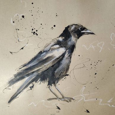 Artistic black and white sketch of a bird with splattered ink details.
