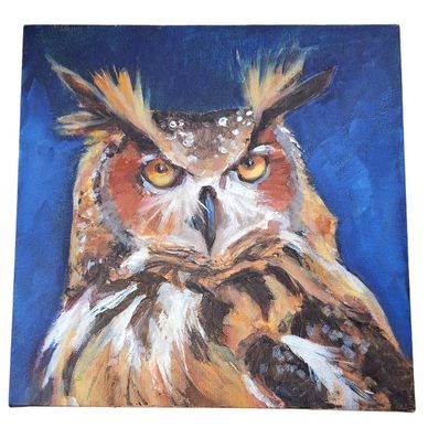 A detailed painting of a vigilant owl with striking orange and brown feathers.