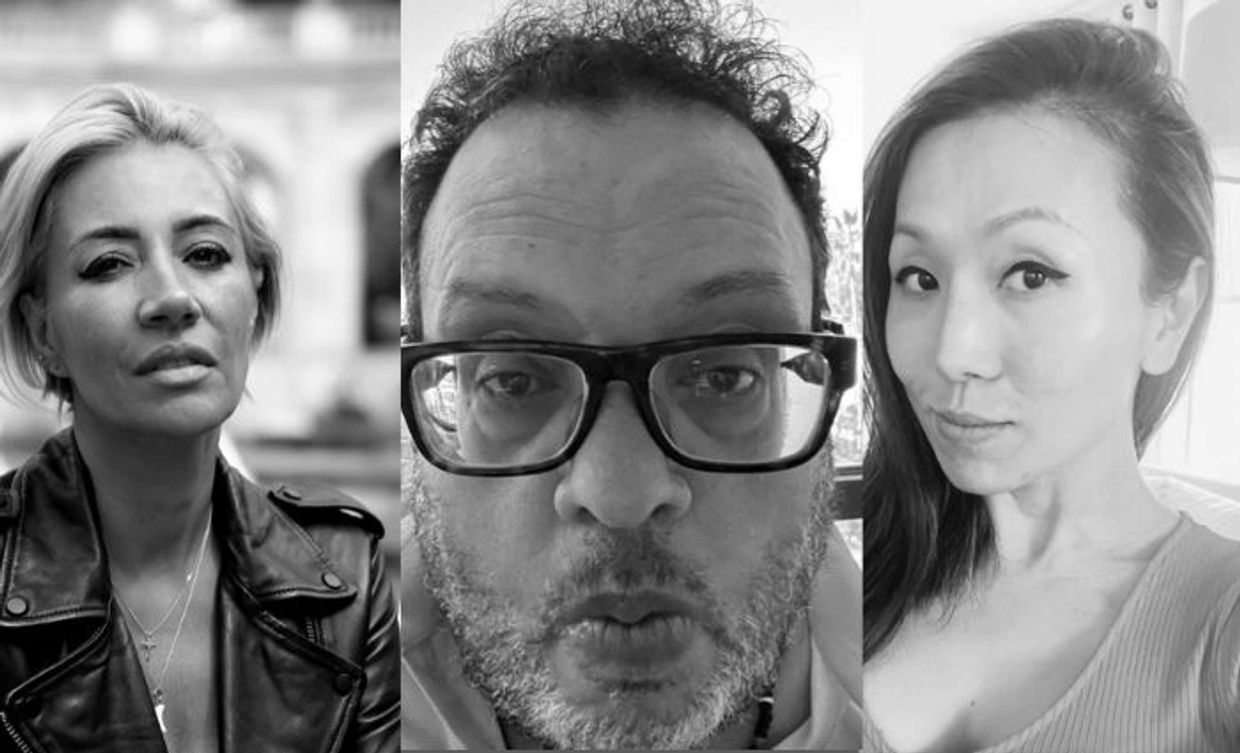 Black and white portraits of three diverse individuals with various expressions.