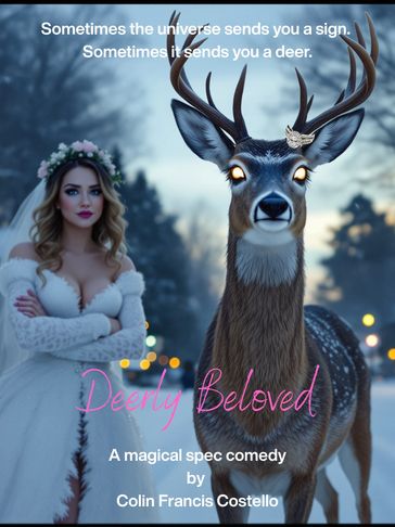 A glowing-eyed deer and a woman in a white dress with a floral crown in a mystical winter setting.