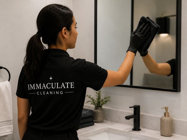 A cleaner wiping a bathroom mirror wearing an 'Immaculate Cleaning' shirt.