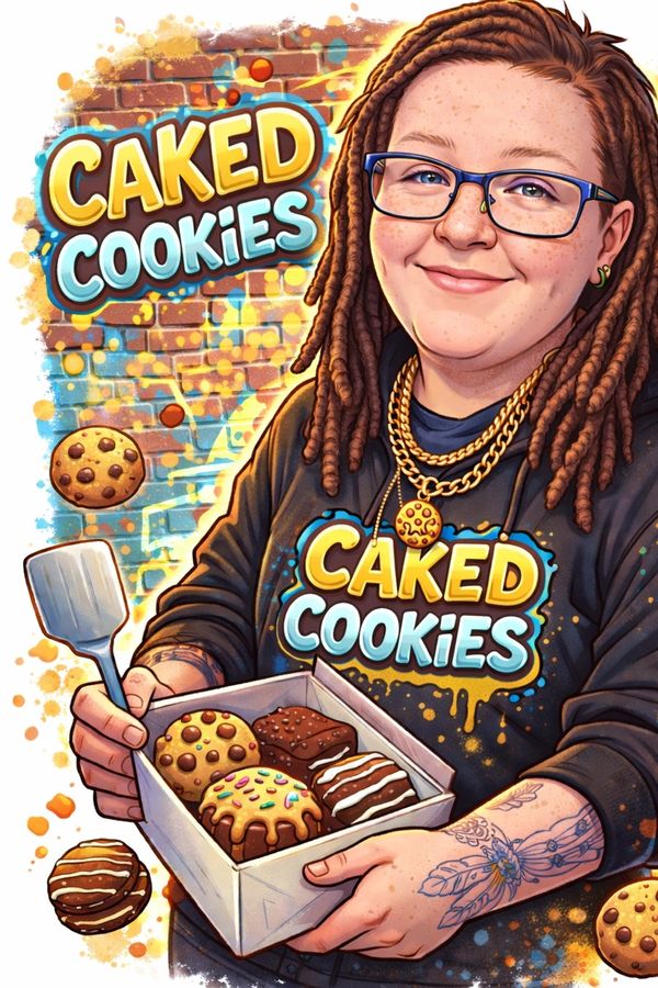 Person with dreadlocks holding a box of decorated cookies with 'Caked Cookies' branding.