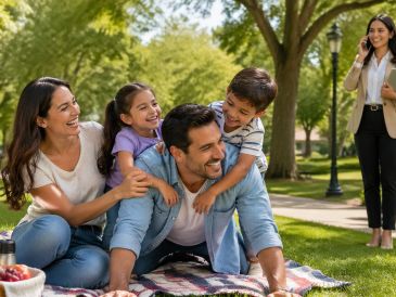 Happy family enjoying a picnic in the park on a sunny day.