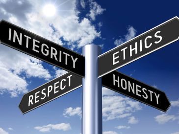 Directional signs showing values like Integrity, Ethics, Respect, and Honesty against a sky background.