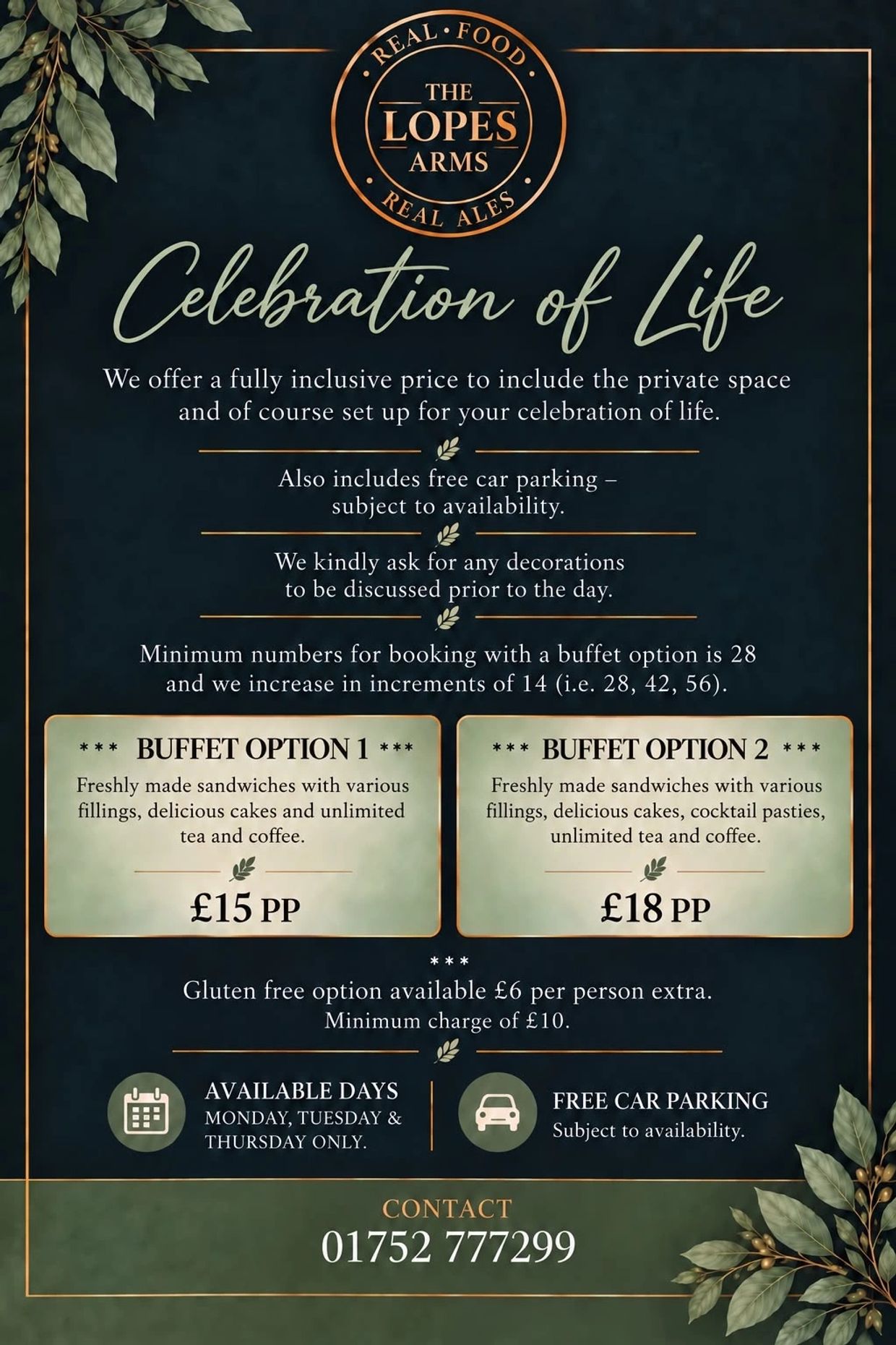 Celebration of Life buffet options at The Lopes Arms with parking and contact info.