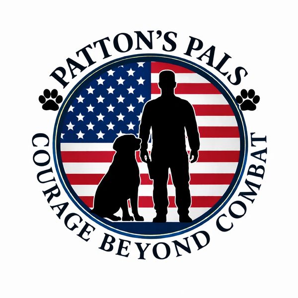 Logo with soldier, dog, American flag, and text.