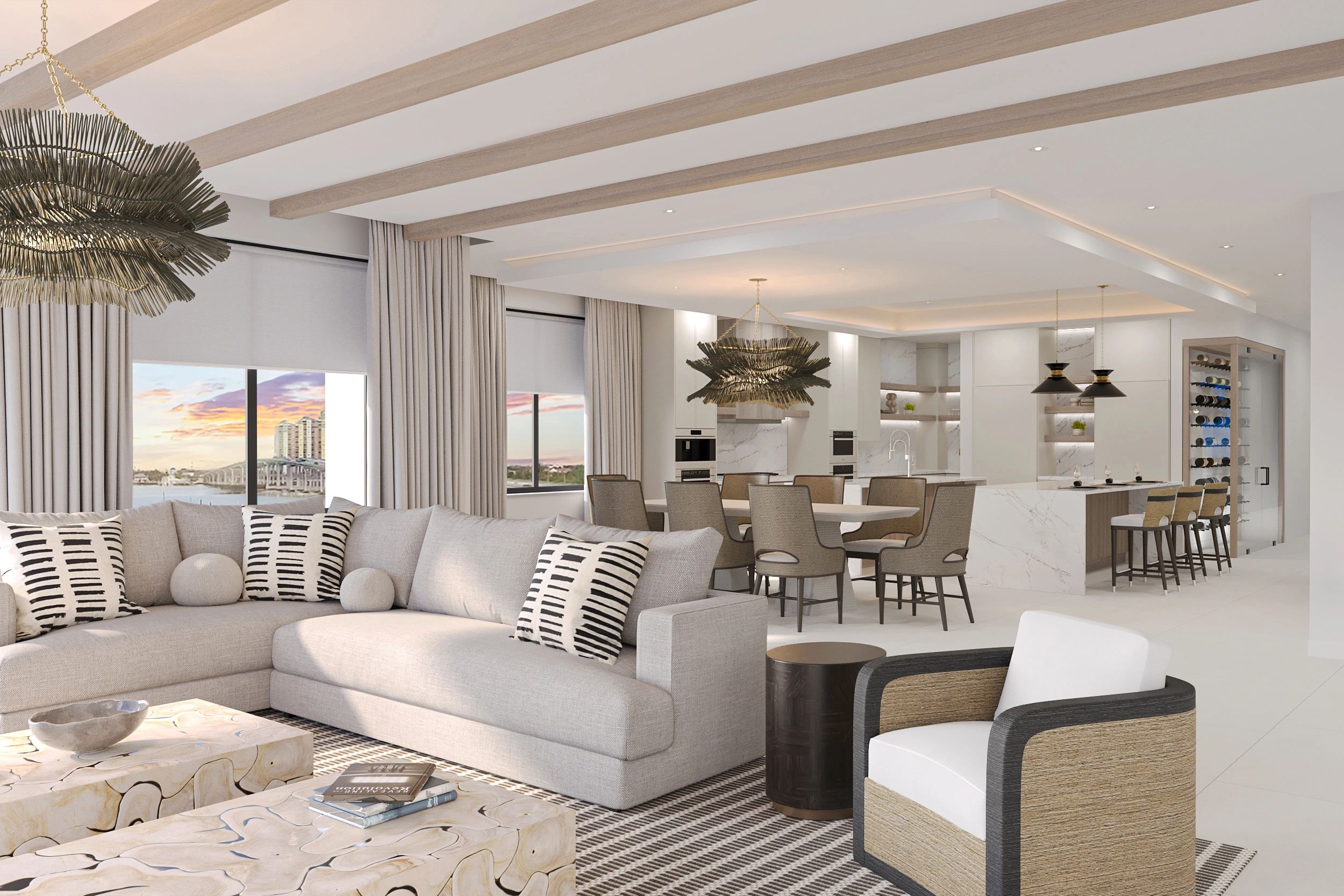 Modern open-concept living and dining area with neutral tones.