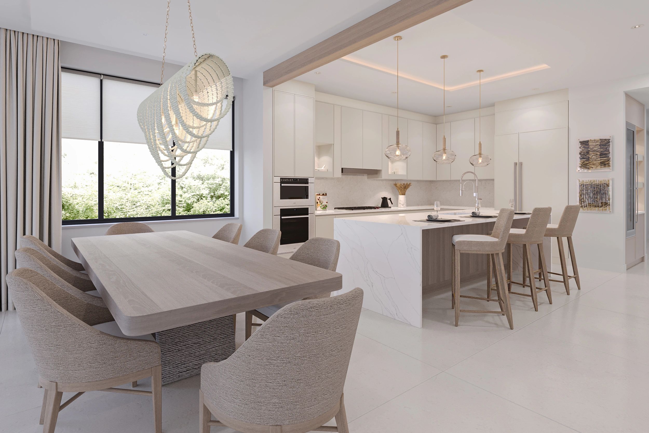 Modern light-filled kitchen and dining area with neutral tones.