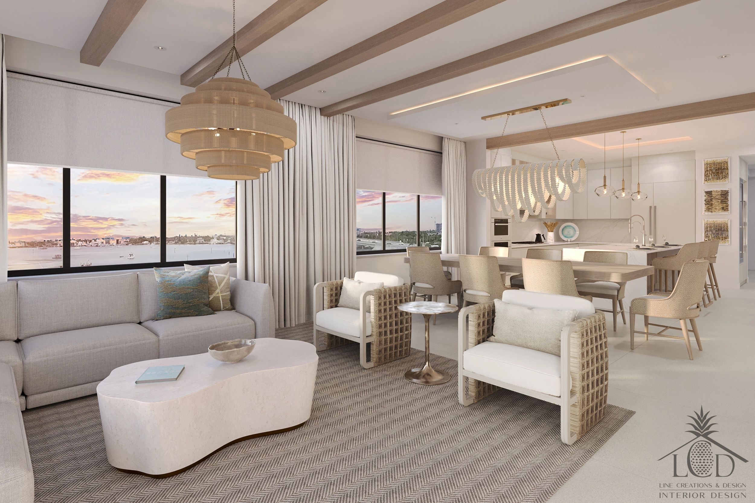 Modern open-plan living and dining area with neutral tones and stylish lighting.