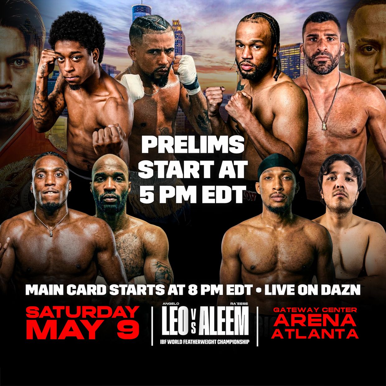 Boxing event poster for Leo vs Aleem on May 9 at Gateway Center Arena, Atlanta.
