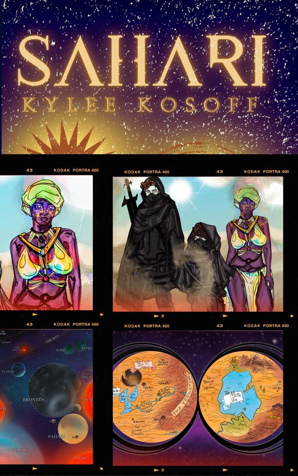Illustrated cover with fantasy characters and maps for a story named Sahara.