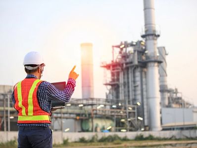 Engineer in safety gear inspecting an industrial plant at sunset.