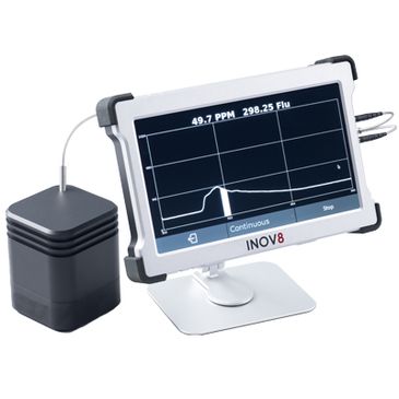 Portable INOV8 gas analyzer displaying live data on a touchscreen.