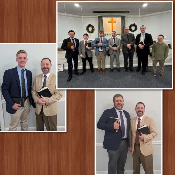 Group and individual photos of men in suits holding Bibles inside a church.