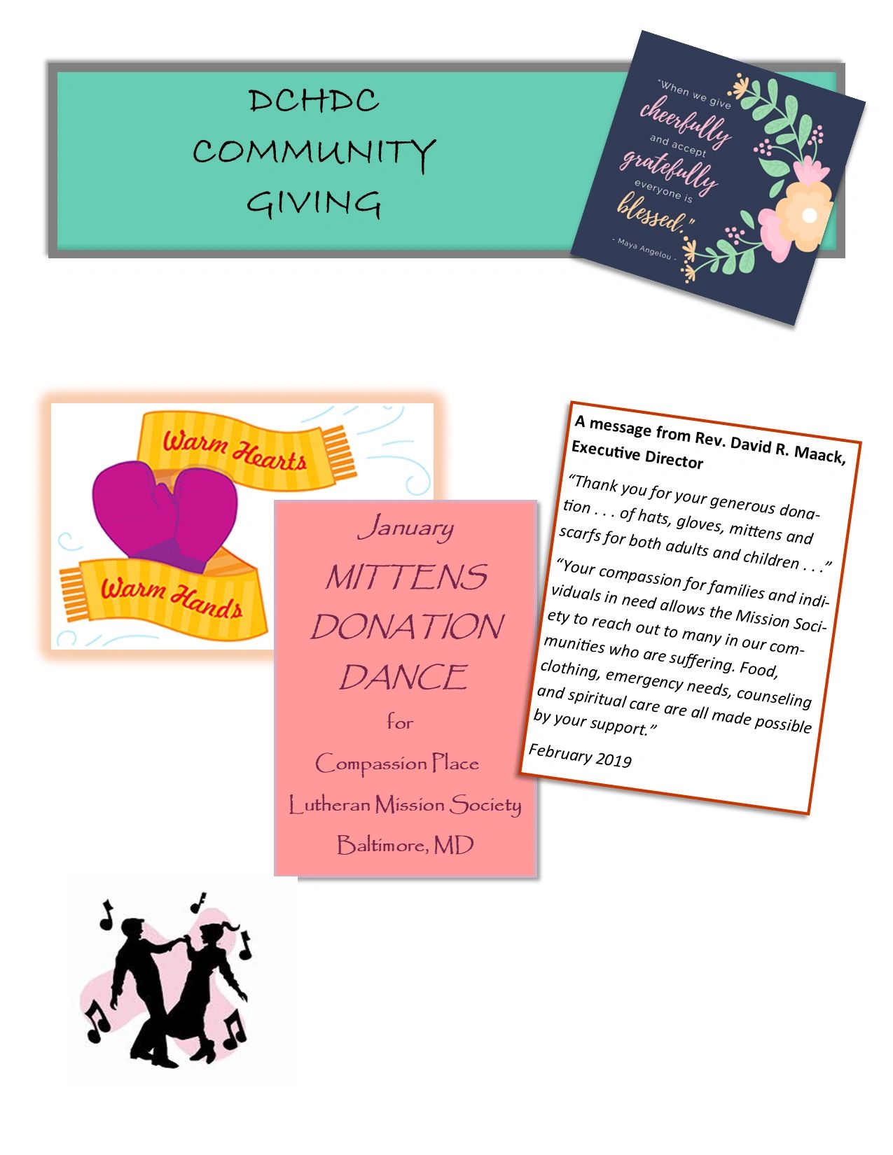 Community event promoting mitten donations and featuring a dance for charity.