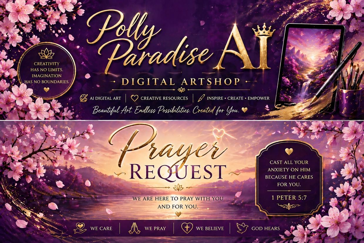 Elegant digital art shop banner with prayer request and inspirational quotes.