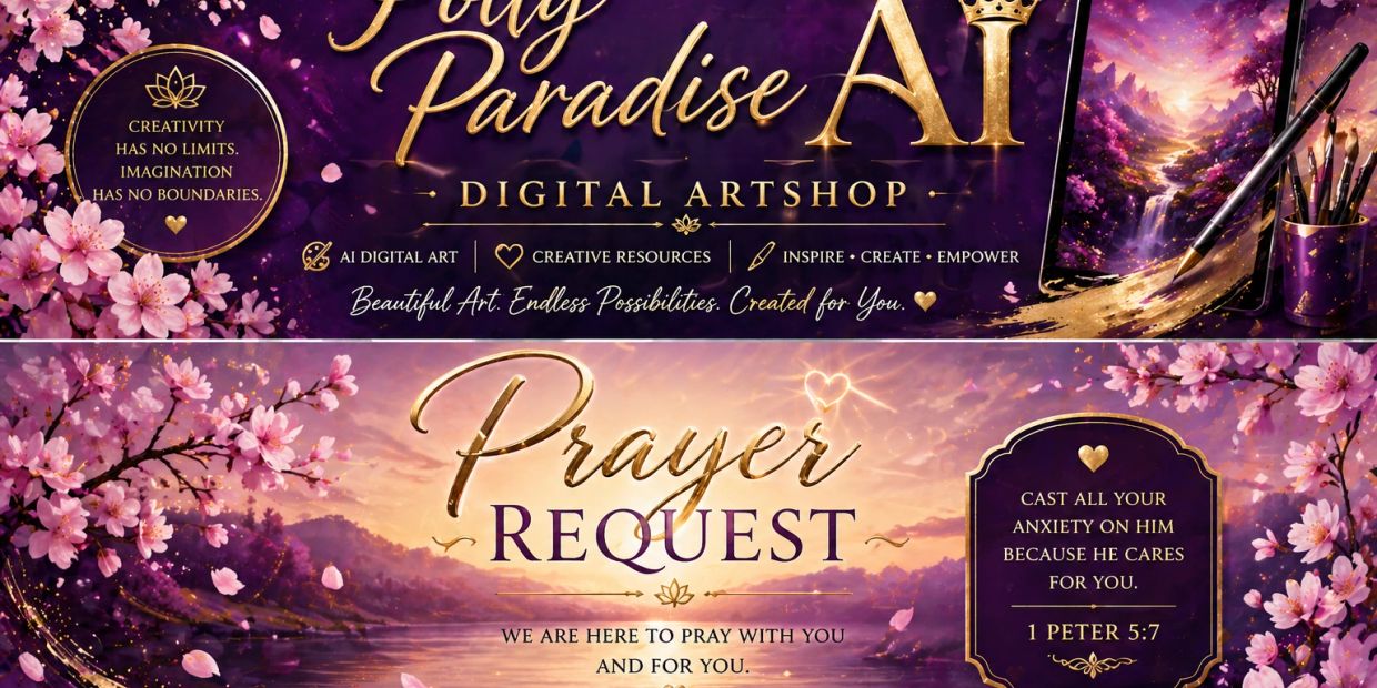 Elegant digital art shop banner with prayer request and inspirational quotes.