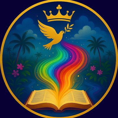 A dove with a crown releases a rainbow from an open book under a night sky.