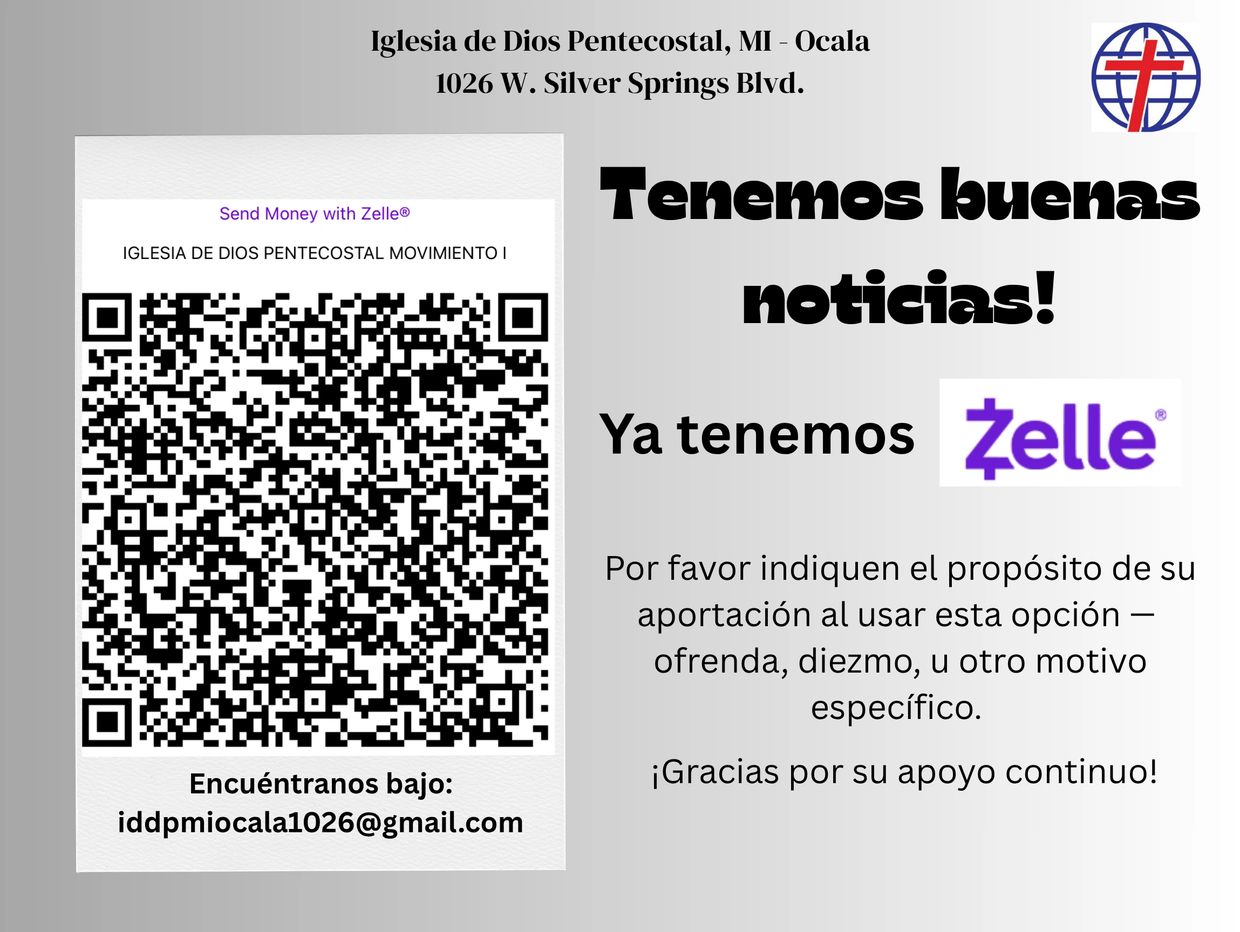 Announcement of Iglesia de Dios Pentecostal in Ocala with Zelle payment option.