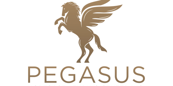 Golden Pegasus logo for mortgage lending company on black background.