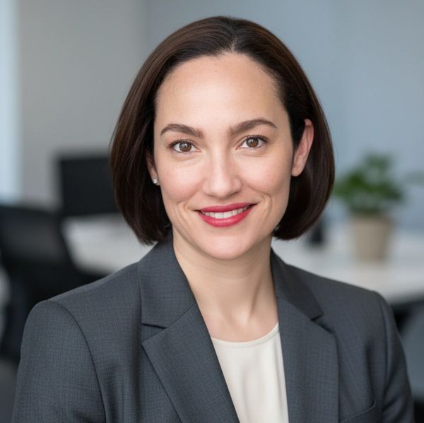 Professional woman smiling confidently in a gray blazer.