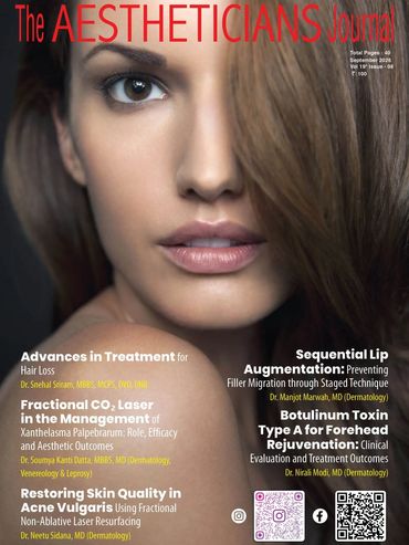 Close-up of a woman's face on The Aesthetician's Journal cover.