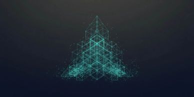 Abstract digital geometric structure with interconnected glowing blue lines forming a pyramid shape.