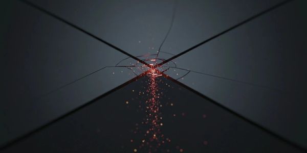 Cracked dark surface with glowing red particles streaming from the center.