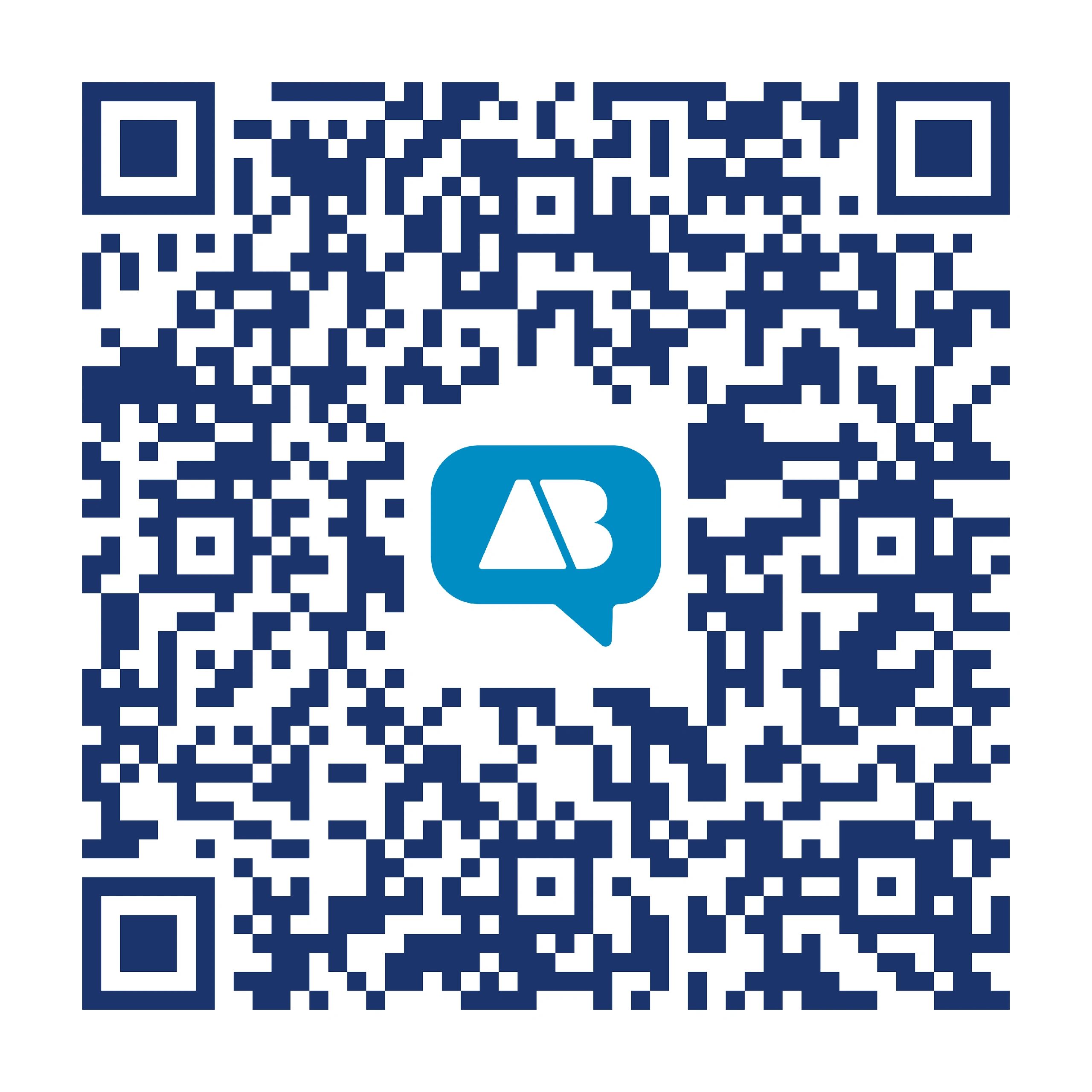 A blue QR code with a speech bubble logo in the center.