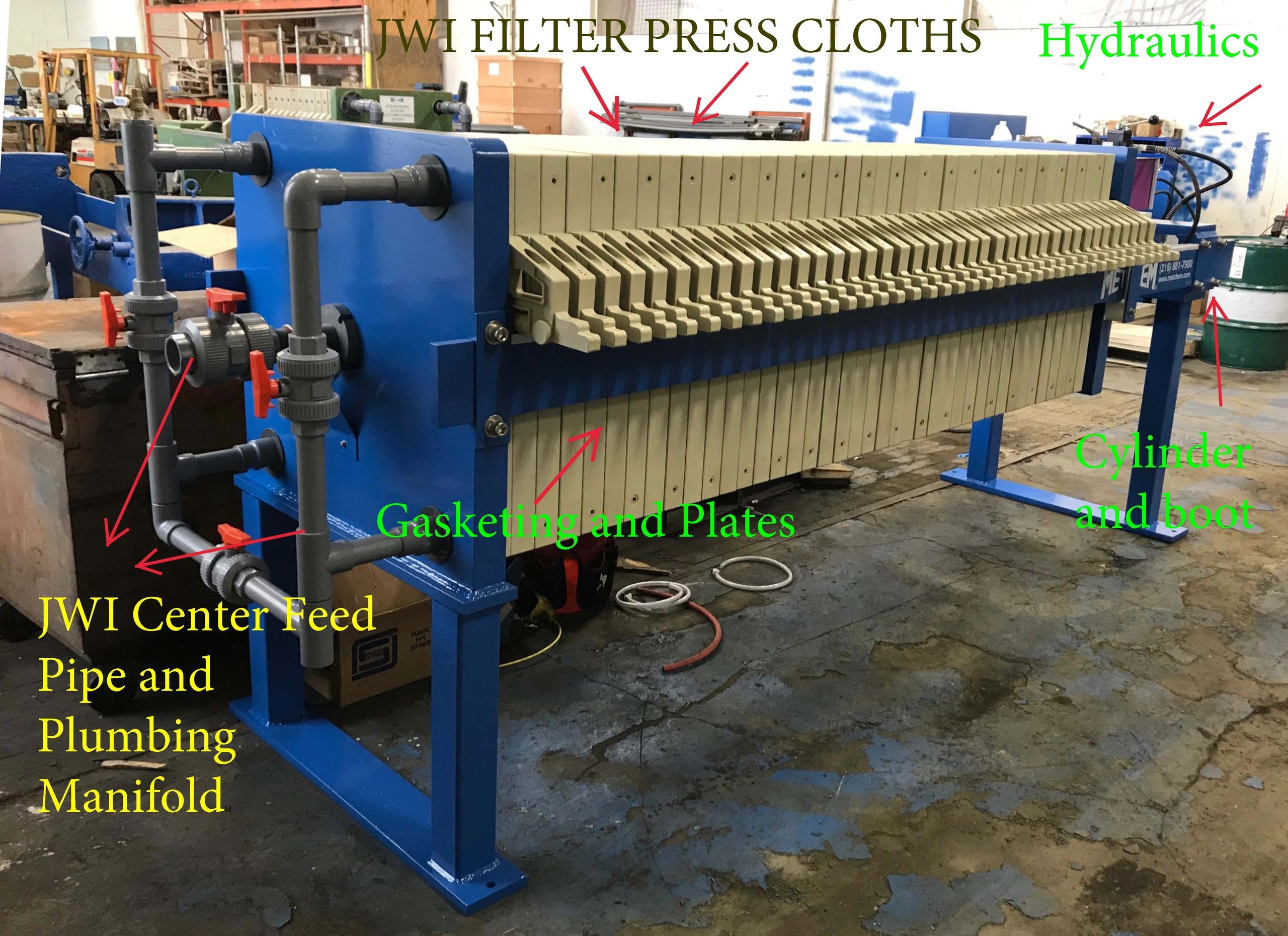 JWI filter press parts diagram showing plates cloths center feed pipe hydraulics and cylinder